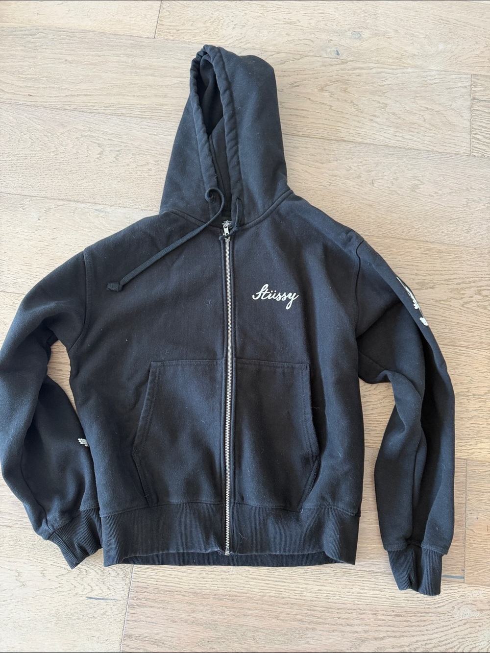 Stussy Black Zip-Up Hoodie with White Script Logo